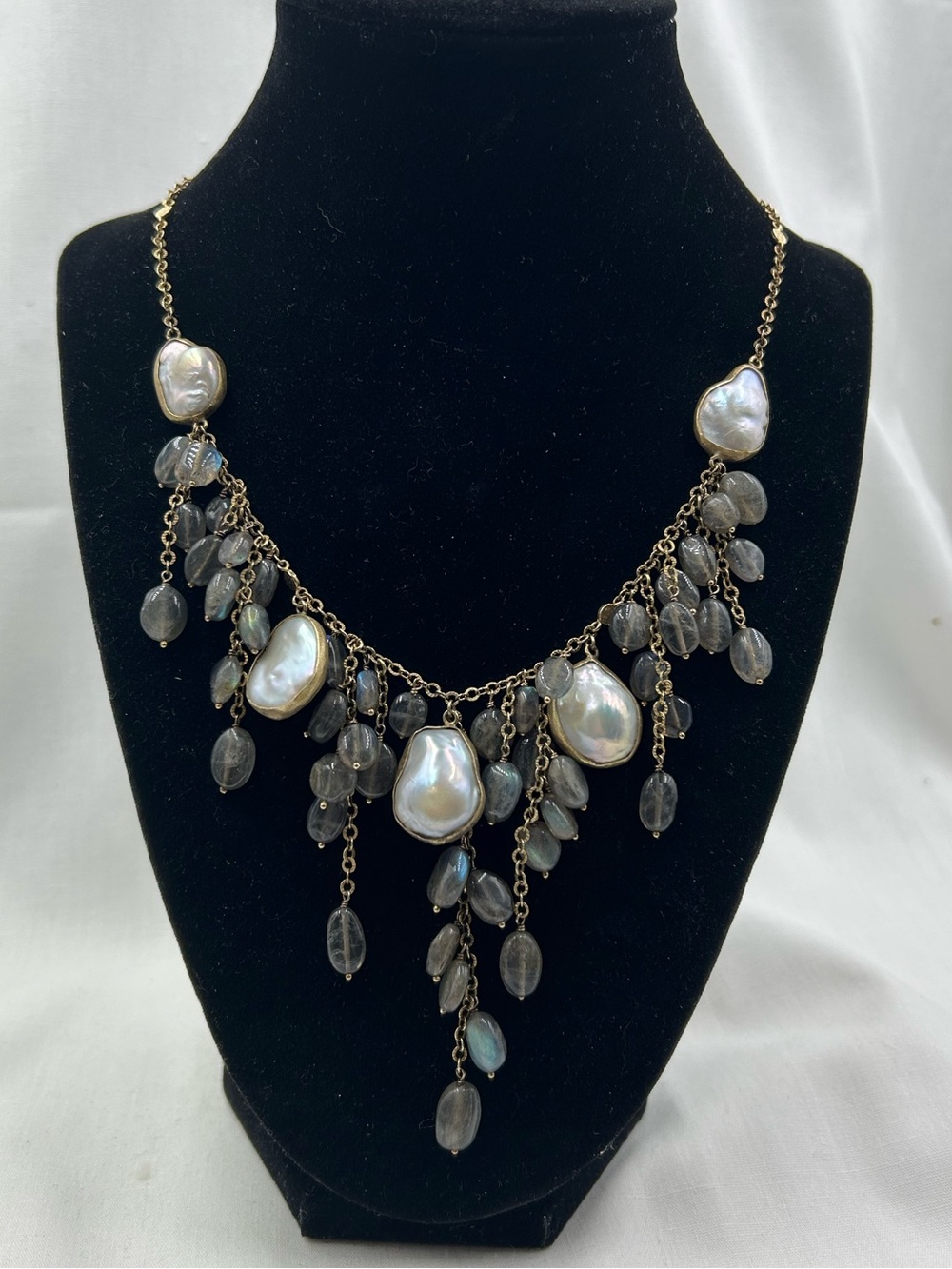 Ross Simons Gold Tone Baroque
Station Mobe Pearl and Labradorite
Necklace